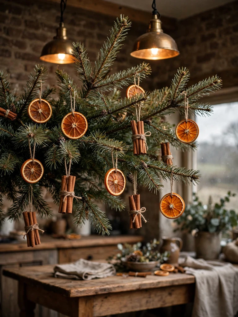 Dried orange slice and cinnamon stick ornaments on a pine Christmas tree in a rustic farmhouse kitchen