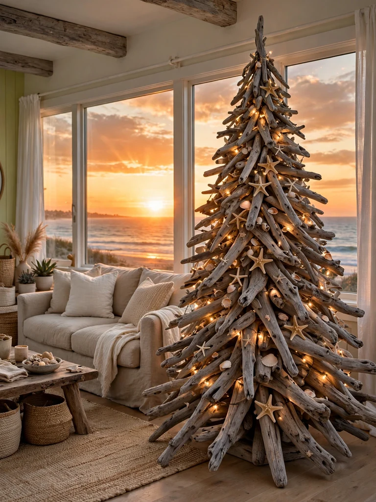 Driftwood Christmas tree sculpture decorated with shells and lights in a beach house at sunset