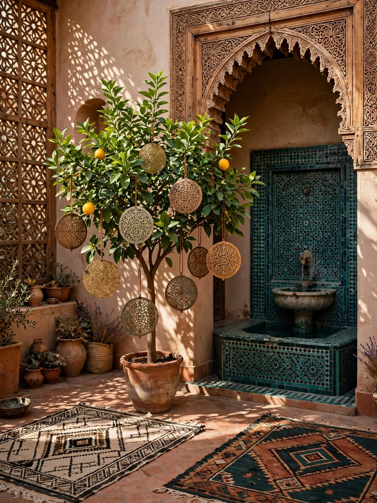 Embossed brass and copper medallion ornaments on a citrus tree in a Moroccan riad courtyard