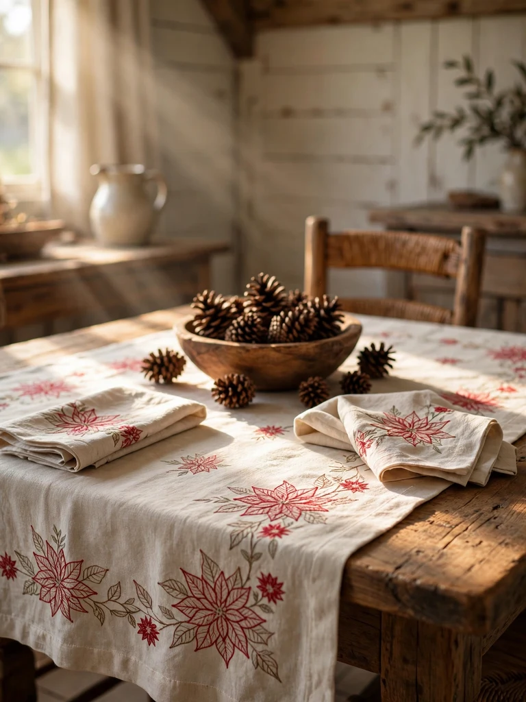 Cream embroidered linen tablecloth with red poinsettia stitching on a farmhouse table in morning light