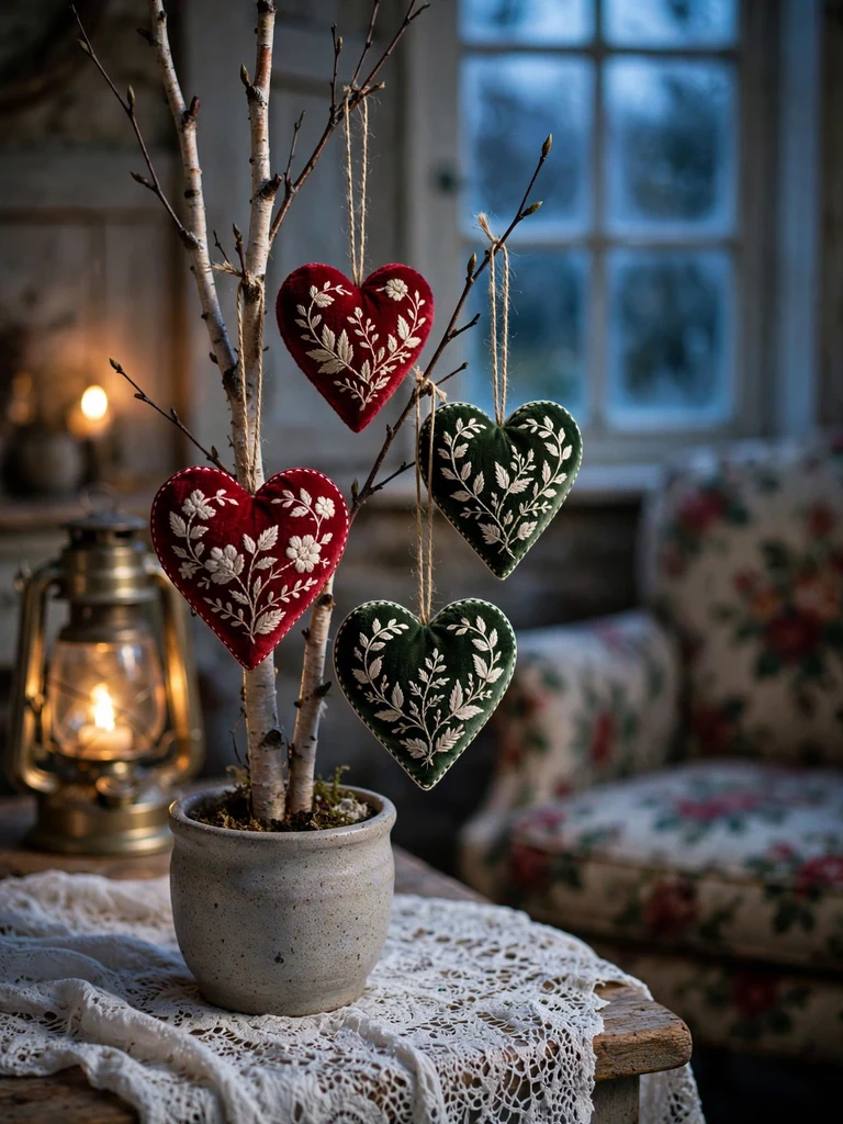 Embroidered crimson and green velvet heart ornaments with cream stitching on a birch twig tree