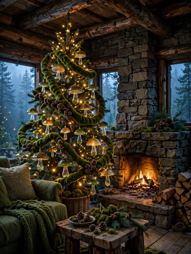 Christmas tree with moss garlands and glowing mushroom ornaments in a rustic stone cabin
