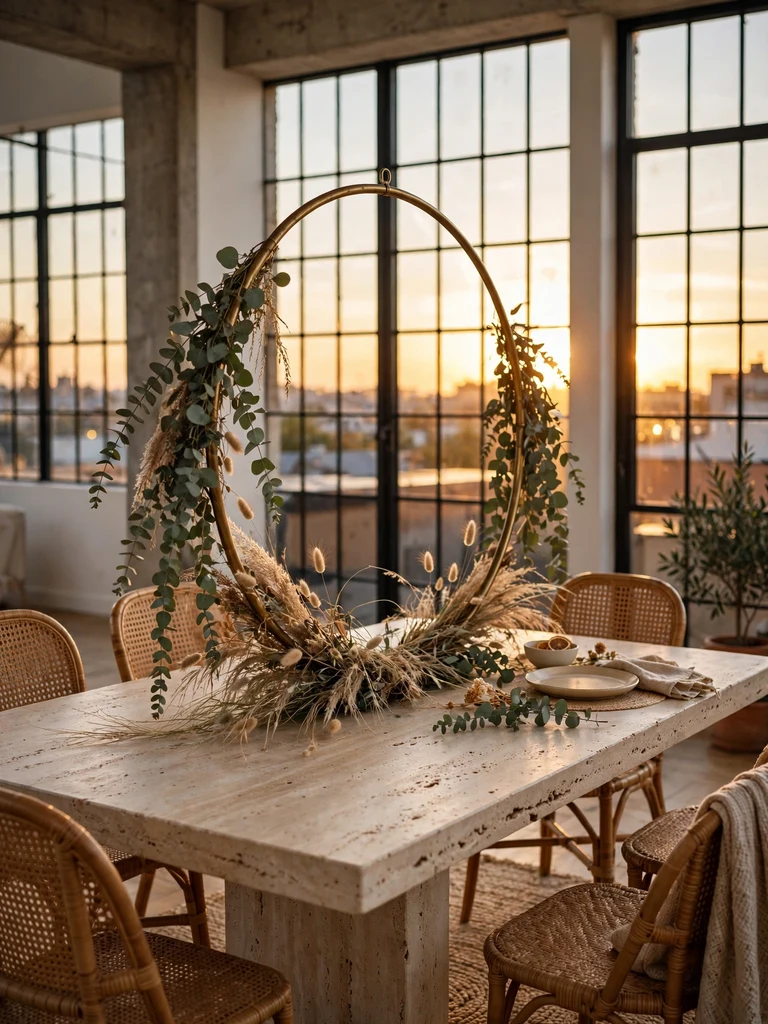 Brass hoop draped with trailing eucalyptus as sculptural centerpiece on travertine table