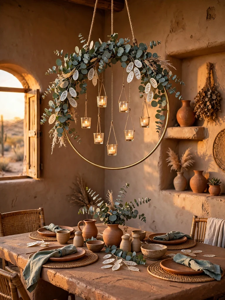 Brass hoop wrapped in eucalyptus with hanging glass votives over a clay dining table