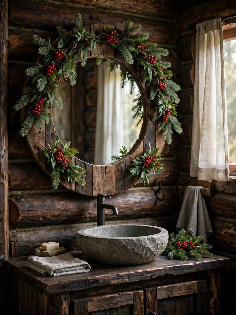Rustic log cabin bathroom with a round wood mirror framed in fresh evergreen boughs and red berries above a stone sink