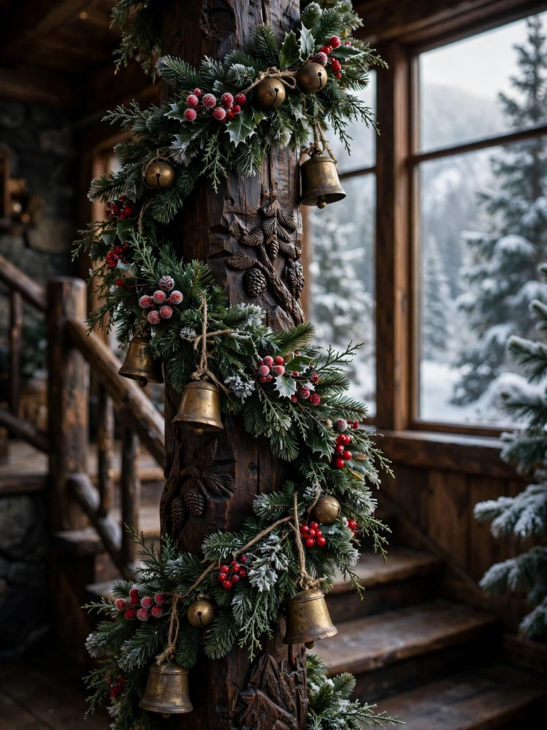 Mountain lodge staircase newel post wrapped in fresh evergreen, red berries and brass bells in morning light