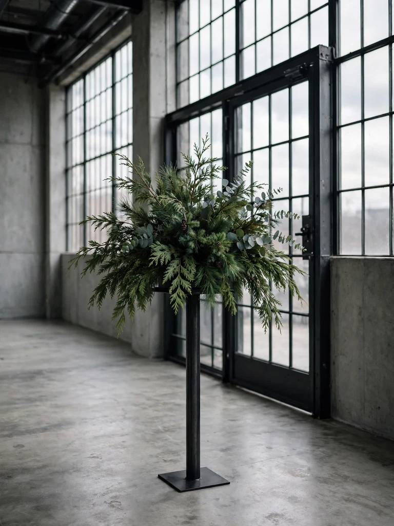 Industrial loft entry with a tall black pedestal holding a dramatic cedar and pine arrangement in overcast daylight
