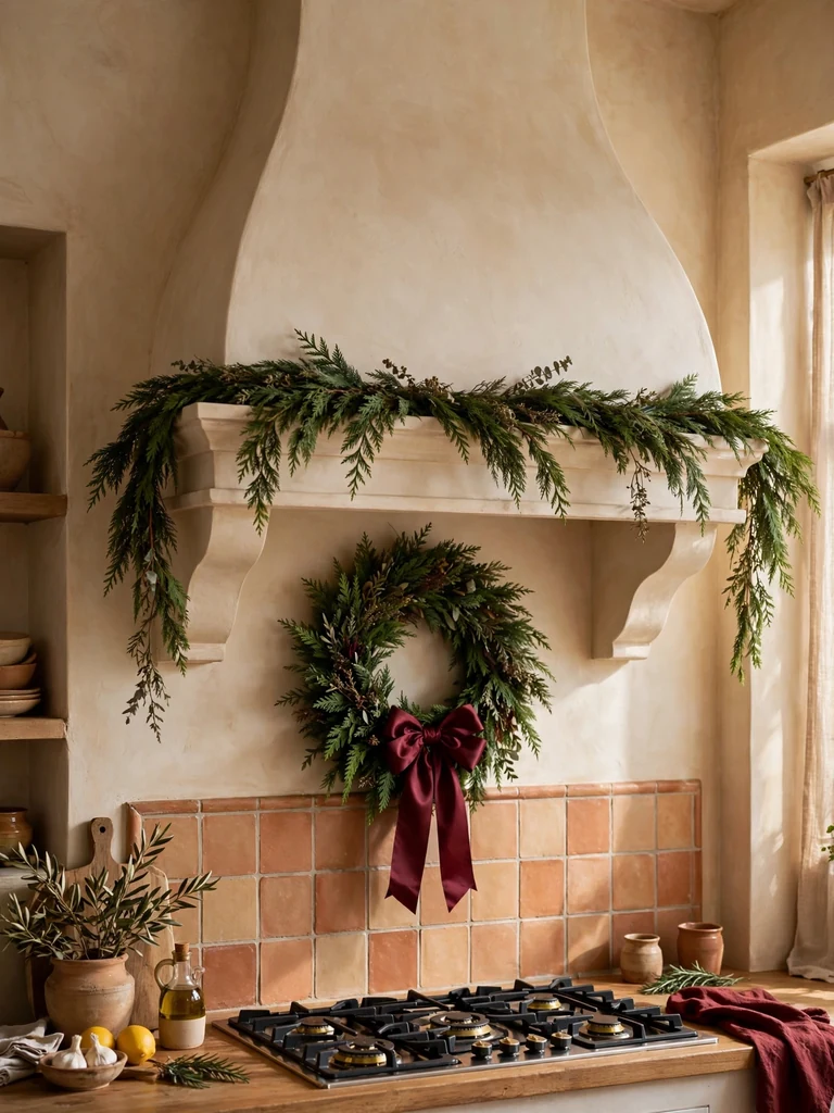 Mediterranean villa kitchen with cedar garland on range hood and burgundy bow wreath above cooktop