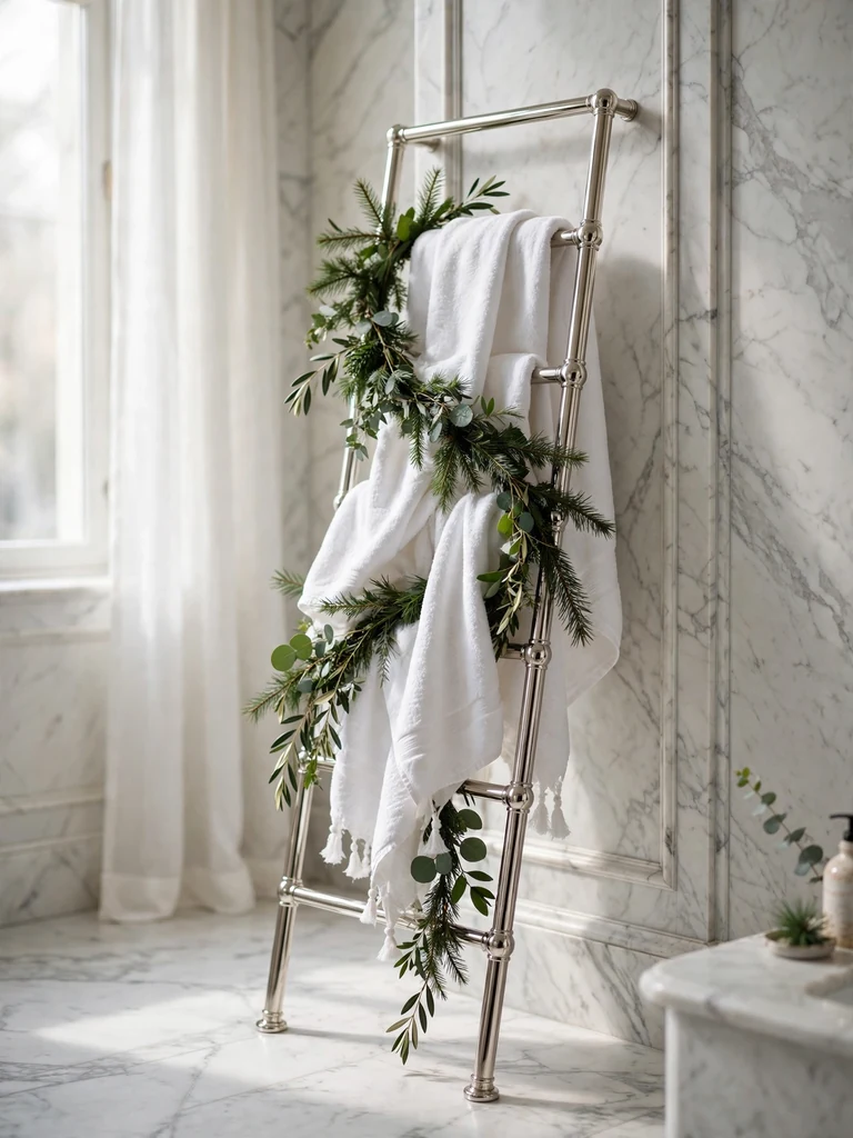 Classic marble bathroom with a chrome towel ladder draped in white Turkish towels and fresh evergreen garland