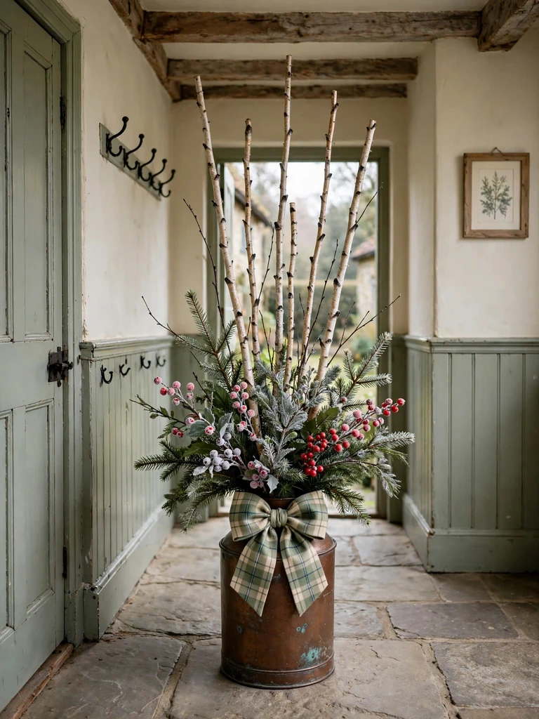 English cottage hallway with a copper canister of birch branches, frosted winterberries and a tartan bow
