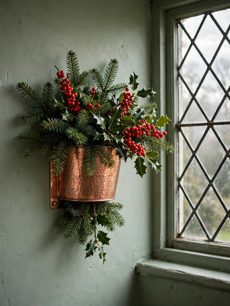 Copper wall pocket filled with fir branches, holly and winterberries on a sage green cottage wall