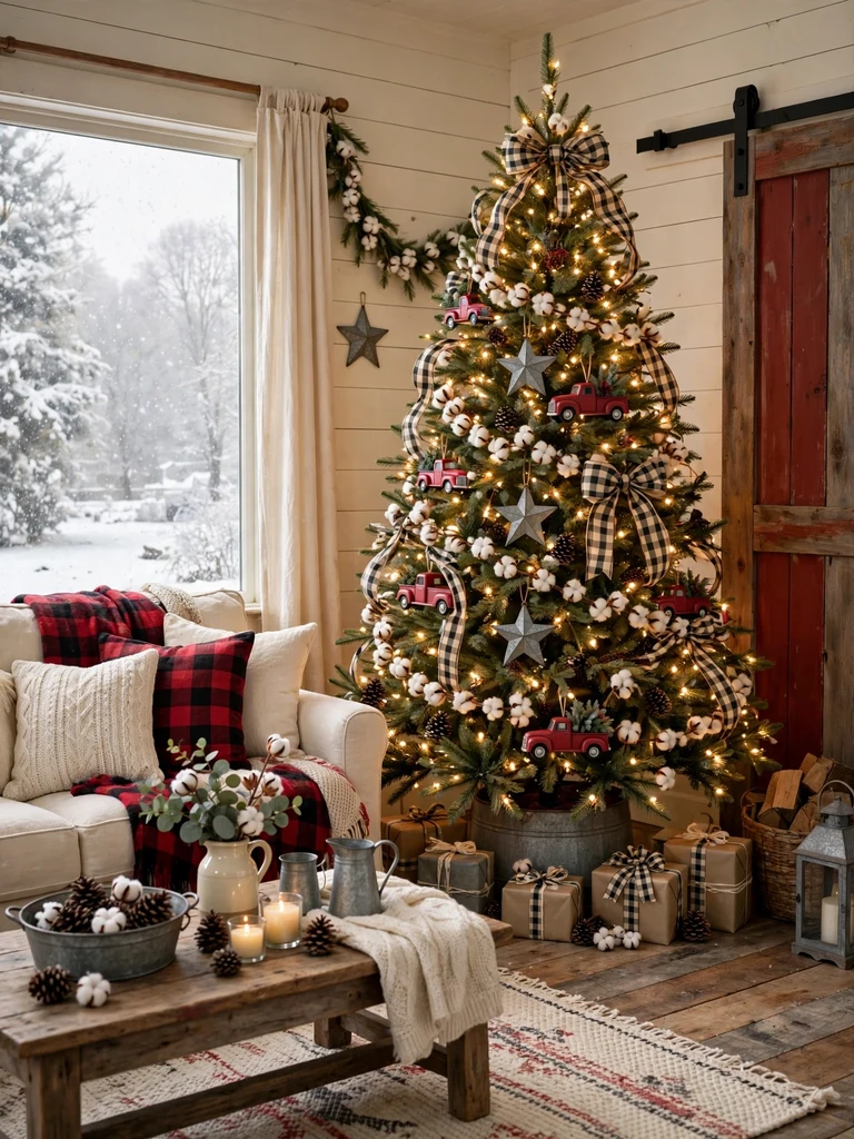 Christmas tree with red truck ornaments and buffalo-check ribbon in an American farmhouse