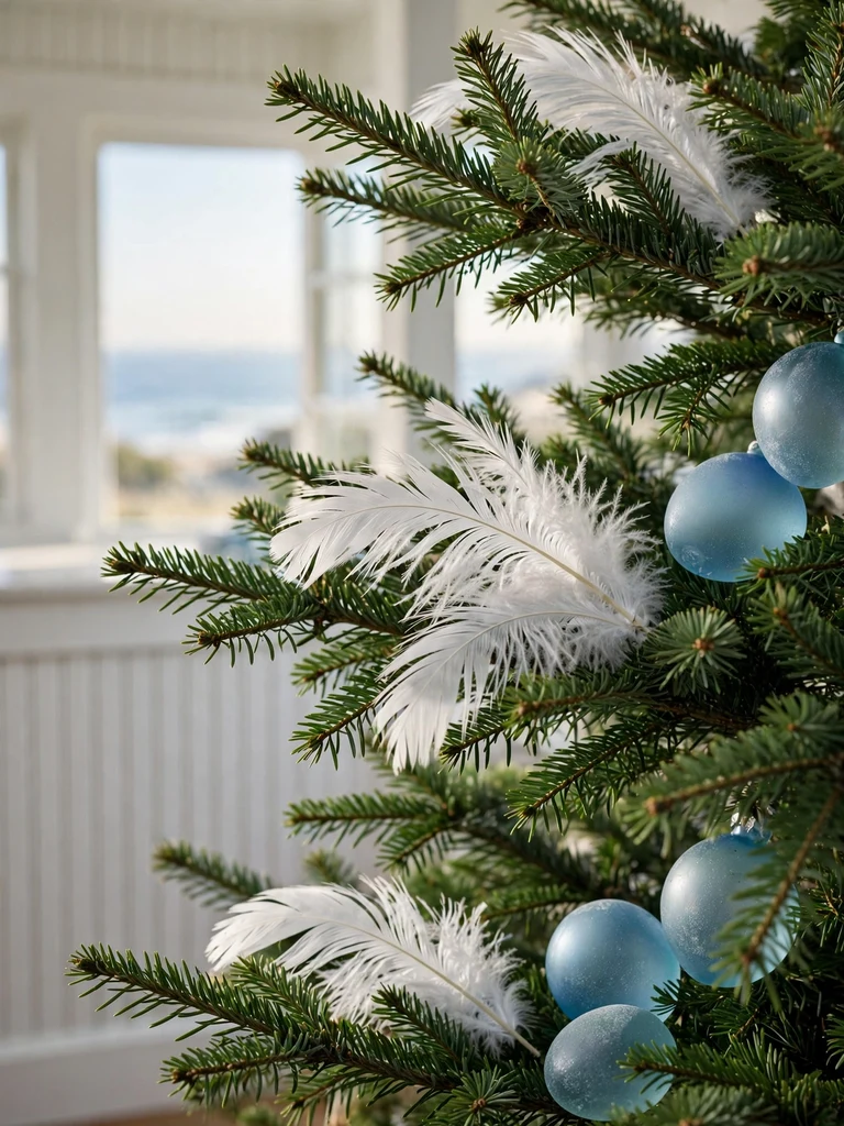 White feather branch sprays and sea-glass baubles on a Christmas tree in a coastal cottage