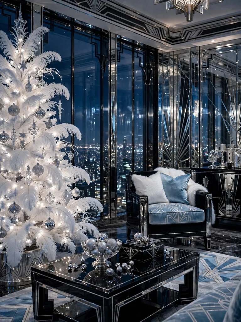 White feathered Christmas tree with silver and crystal ornaments in an art deco penthouse at night