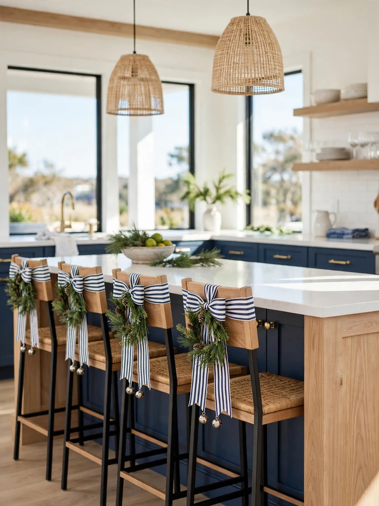Modern coastal kitchen stools with miniature pine wreaths and striped ribbons with jingle bells