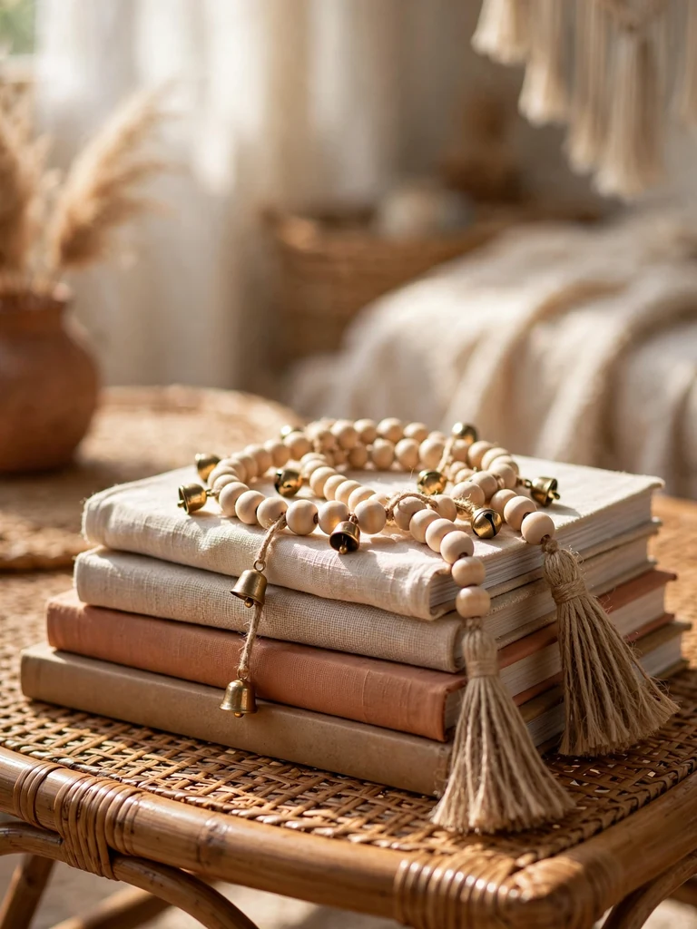 Boho loft close-up of a raw wood bead garland with jute tassels draped over coffee table books
