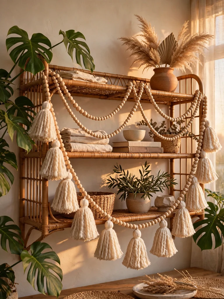 Wooden bead garlands with oversized wool tassels swagged across rattan shelves in golden light