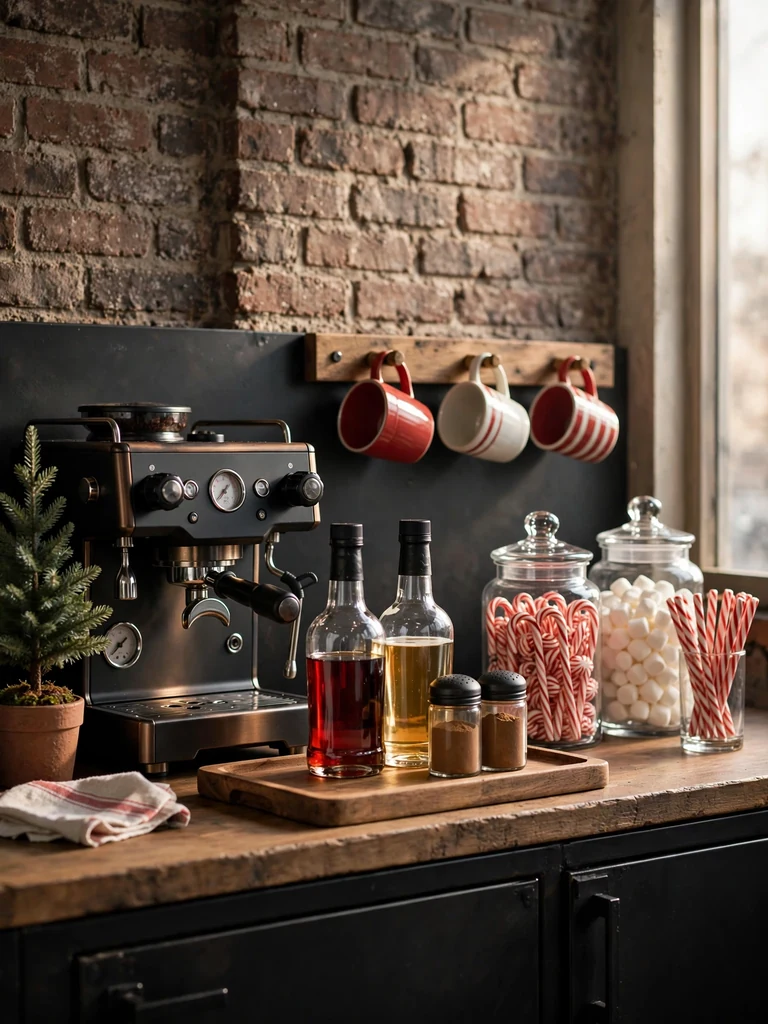 Industrial loft kitchen coffee station with espresso machine, apothecary jars of candy canes and hanging mugs