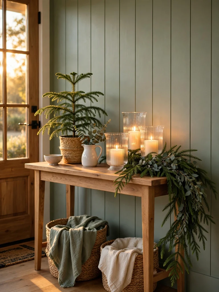Modern farmhouse console with Norfolk pine garland draping the corner and pillar candles in glass hurricanes