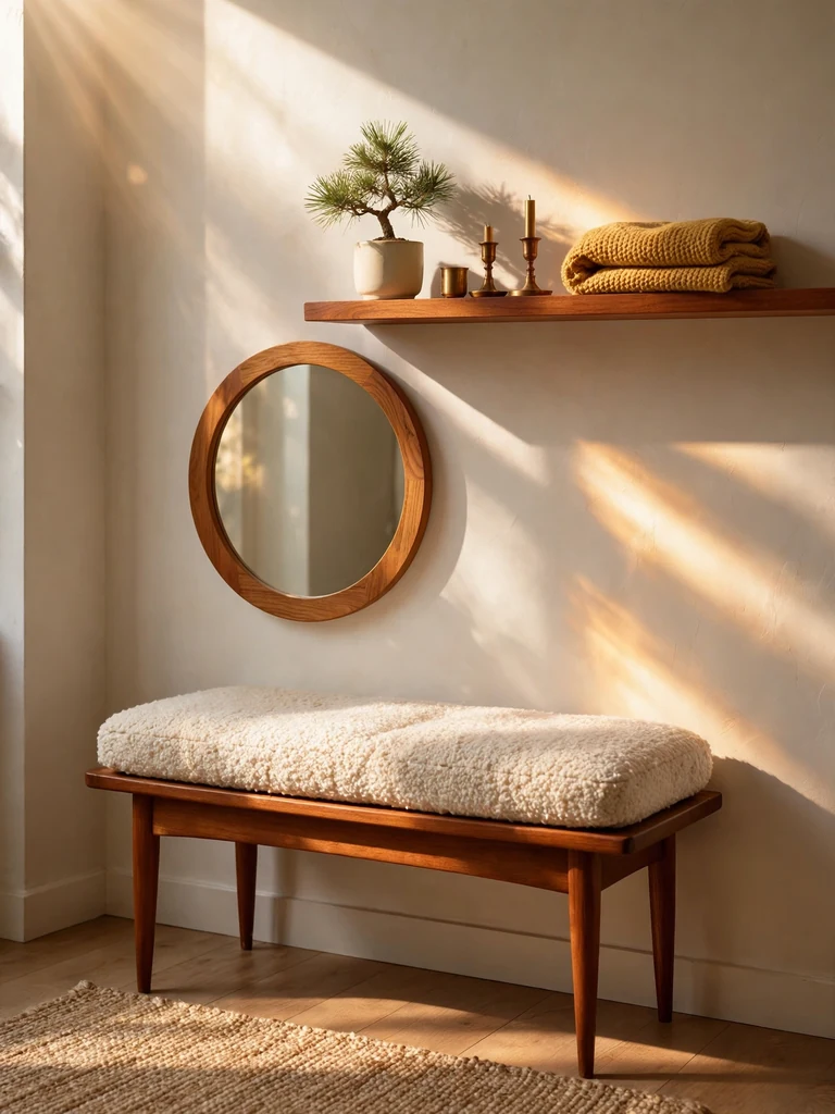 Mid-century modern entry nook in morning light with a teak bench, round oak mirror and floating shelf with miniature pine