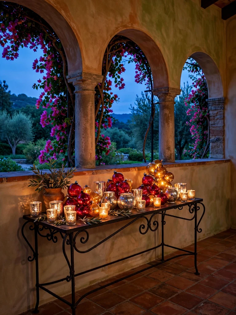 Glowing mercury-glass votives and ruby ornaments clustered on a wrought-iron table in a Mediterranean villa at blue hour
