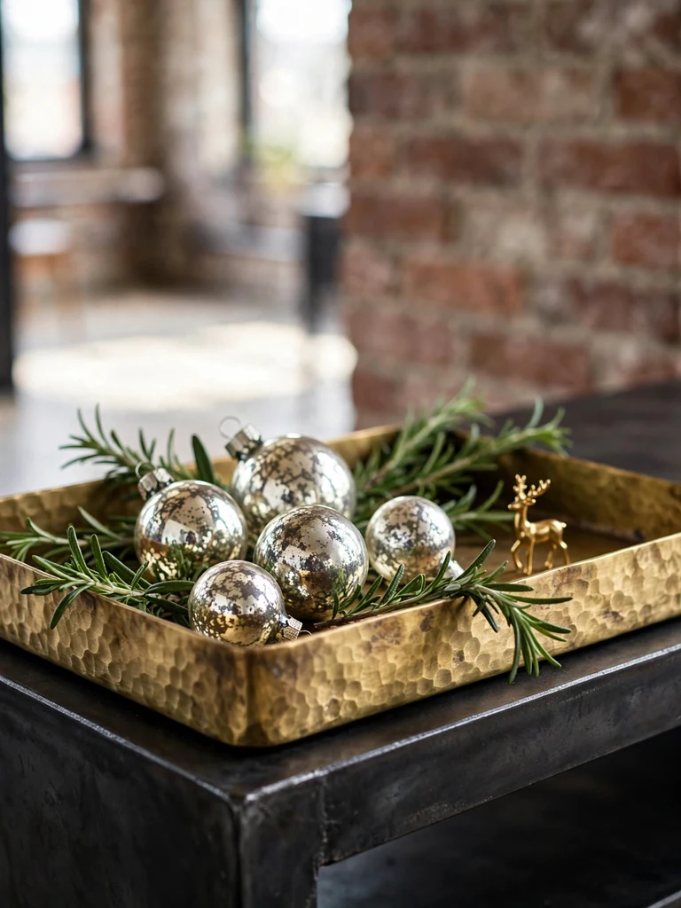 Industrial loft close-up of a hammered brass key tray with mercury glass baubles and rosemary