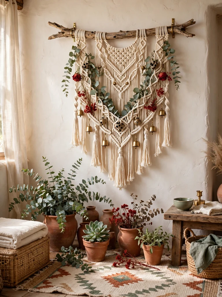 Cream macrame wall hanging with eucalyptus, brass bells and dried flowers in a boho adobe living room