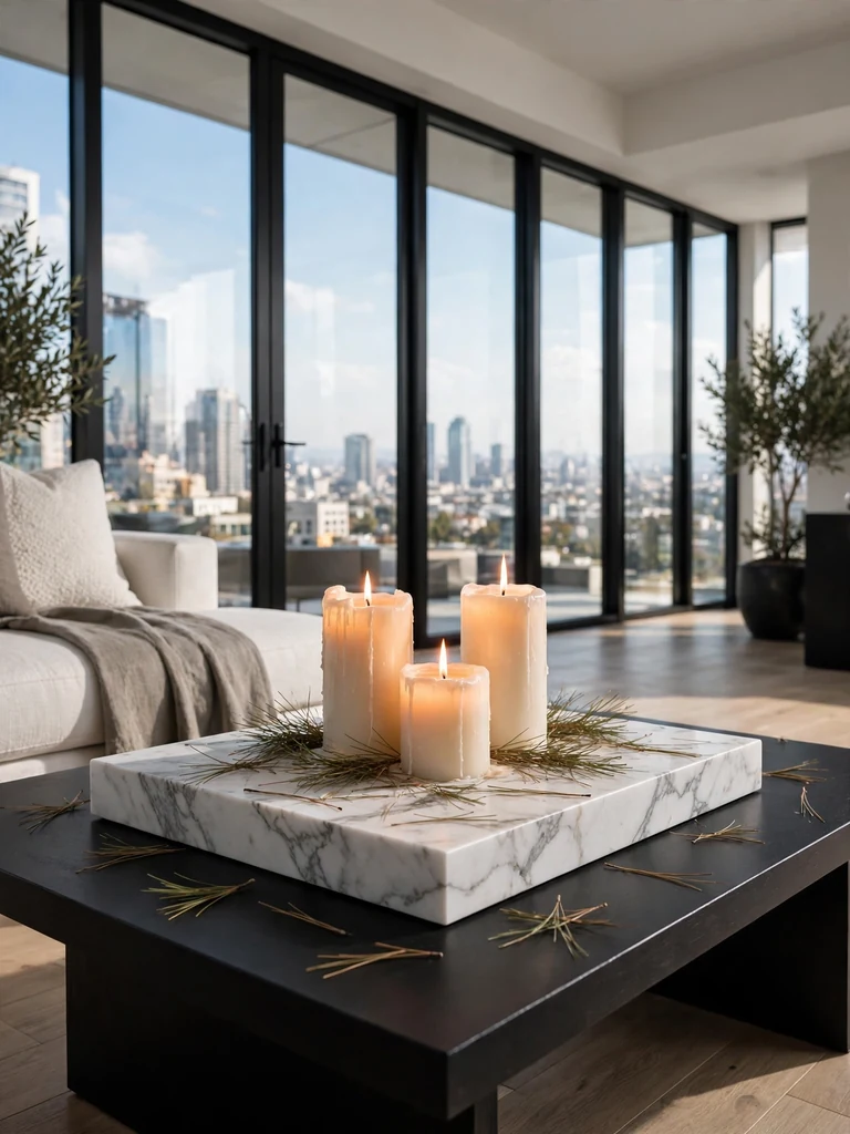 Luxury modern condo with a Carrara marble tray styled with pillar candles and pine needles on a black coffee table