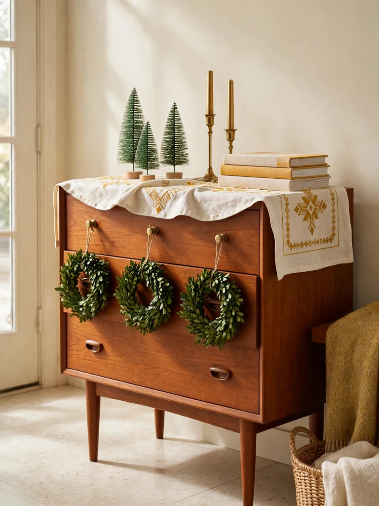 Mid-century teak shoe cabinet styled with a linen runner, bottle brush trees and brass candlesticks