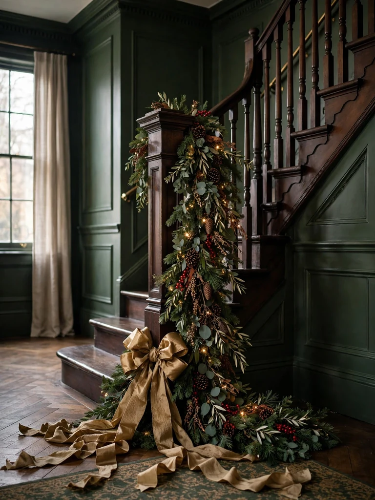 Georgian townhouse newel post wrapped in greenery, pinecones, red berries and a grand bow