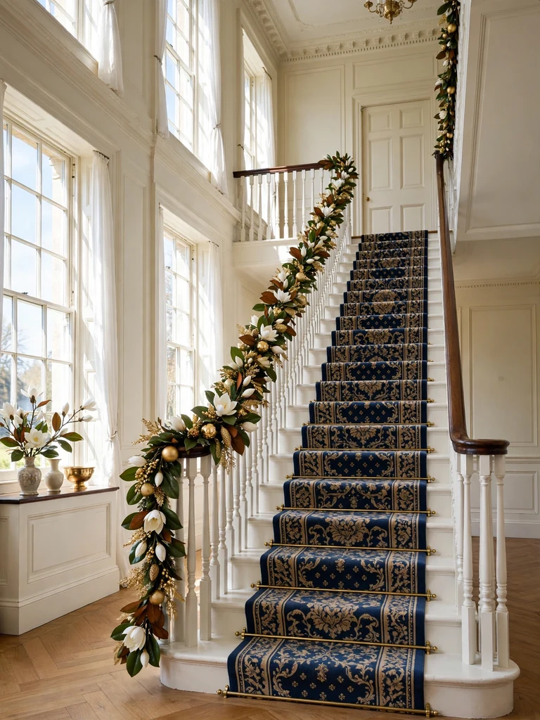 Georgian manor staircase with navy and gold patterned runner, brass stair rods and magnolia garland