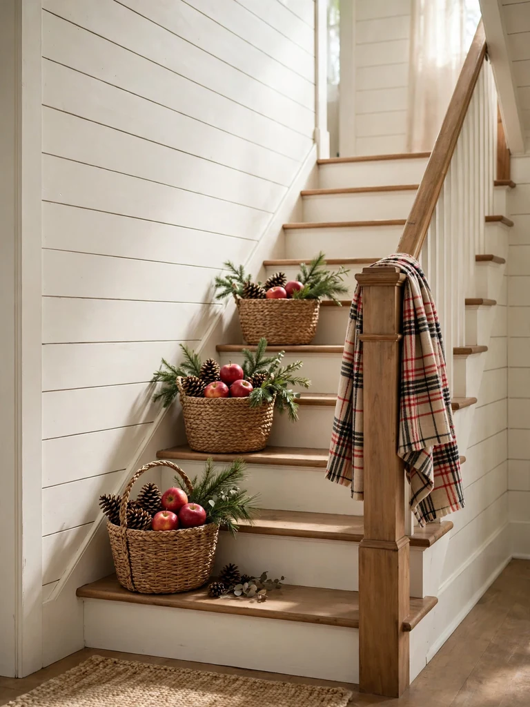 Country farmhouse staircase in morning light with seagrass baskets of pinecones and apples on the treads