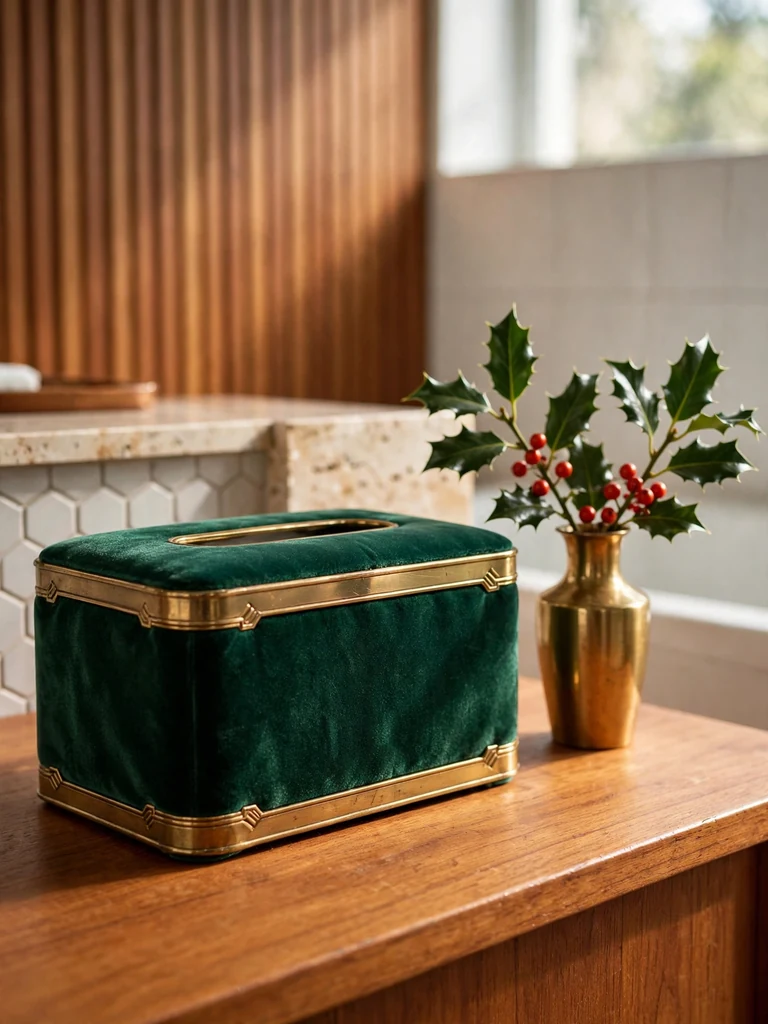 Mid-century modern bathroom close-up of an emerald velvet tissue box cover with brass trim on a teak vanity