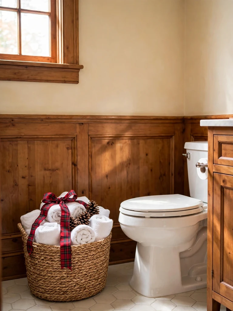 Traditional craftsman bathroom with a woven seagrass basket of rolled towels, pinecones and plaid ribbon beside the toilet