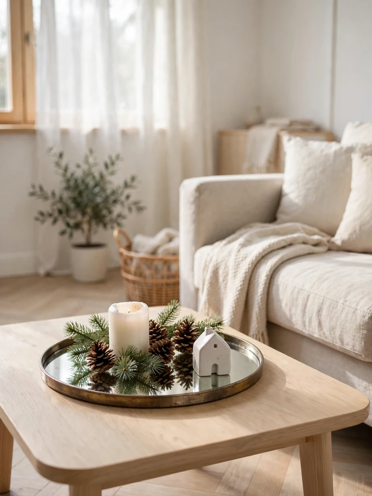 Scandinavian living room with a mirrored brass-rimmed tray styled with a candle, pine sprigs and pinecones on an oak coffee table