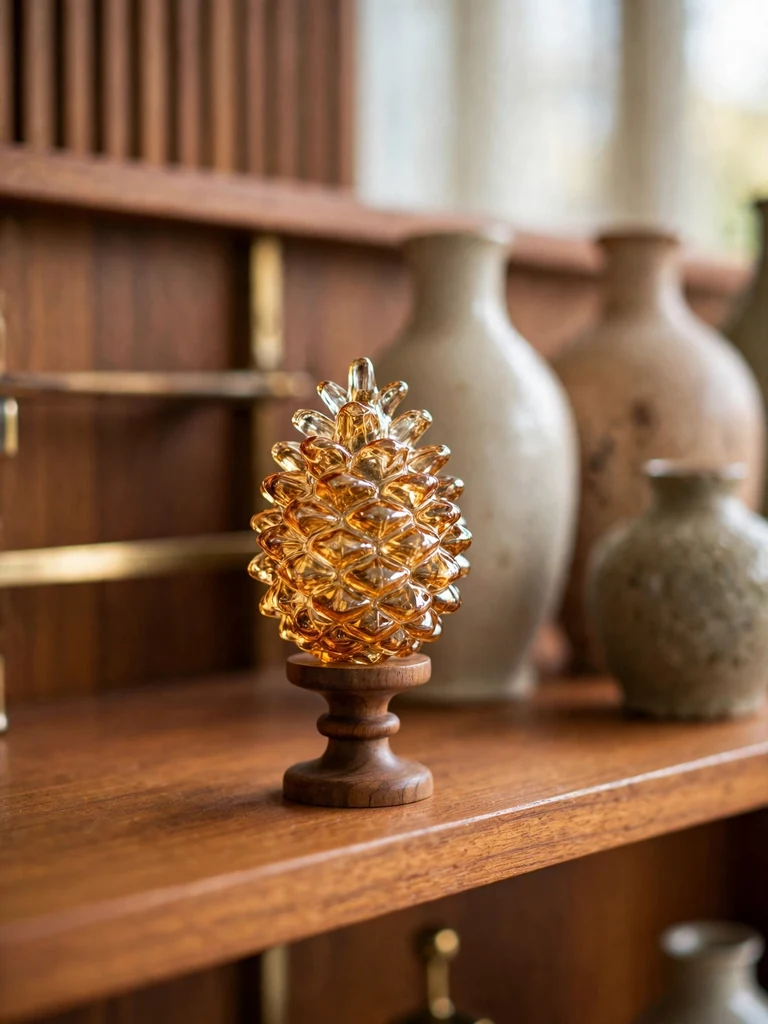 Glass pinecone ornament on a turned walnut pedestal on a mid-century teak shelf