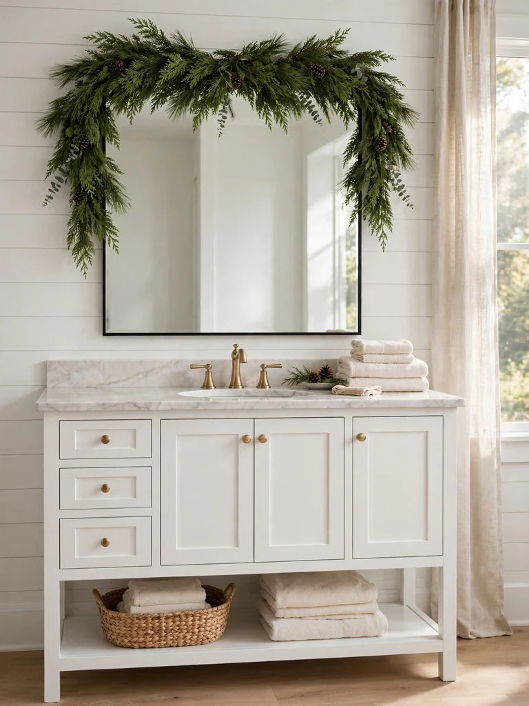 Modern farmhouse bathroom with a fresh cedar garland draped over a mirror above a white shaker vanity with brass faucets
