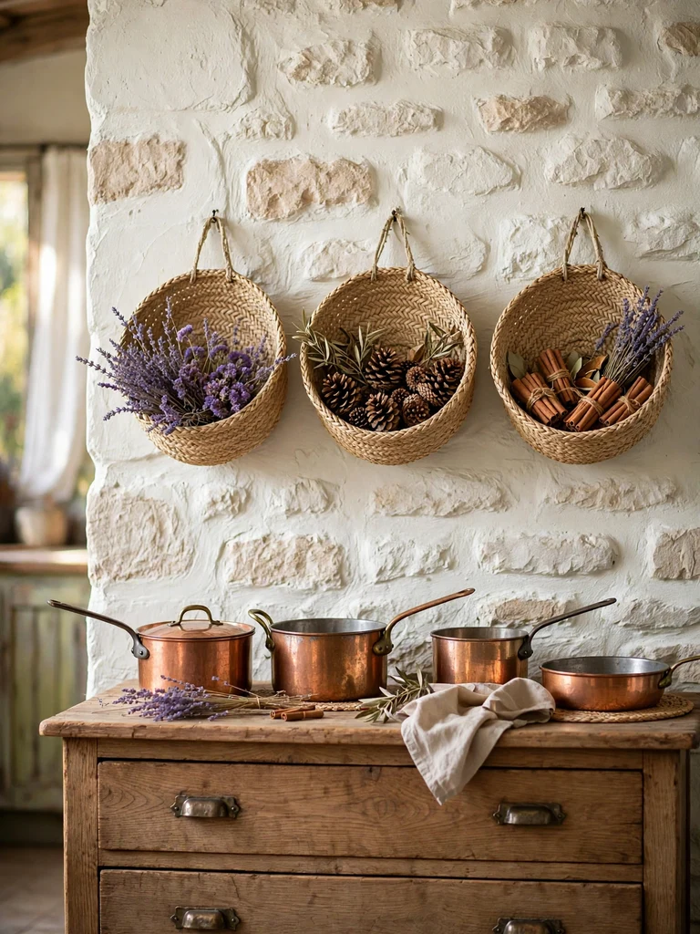 Trio of seagrass wall baskets with lavender, pinecones and cinnamon on a Provencal farmhouse wall