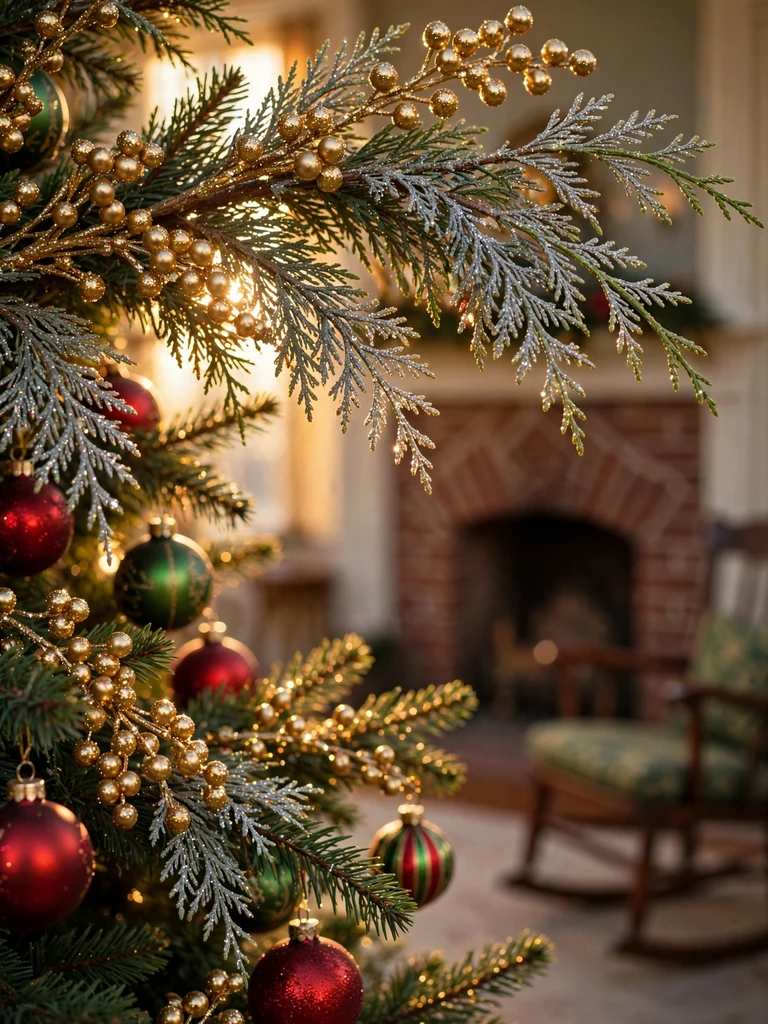 Glitter-dusted cedar and berry finishing sprays on a Christmas tree crown in a New England colonial parlor