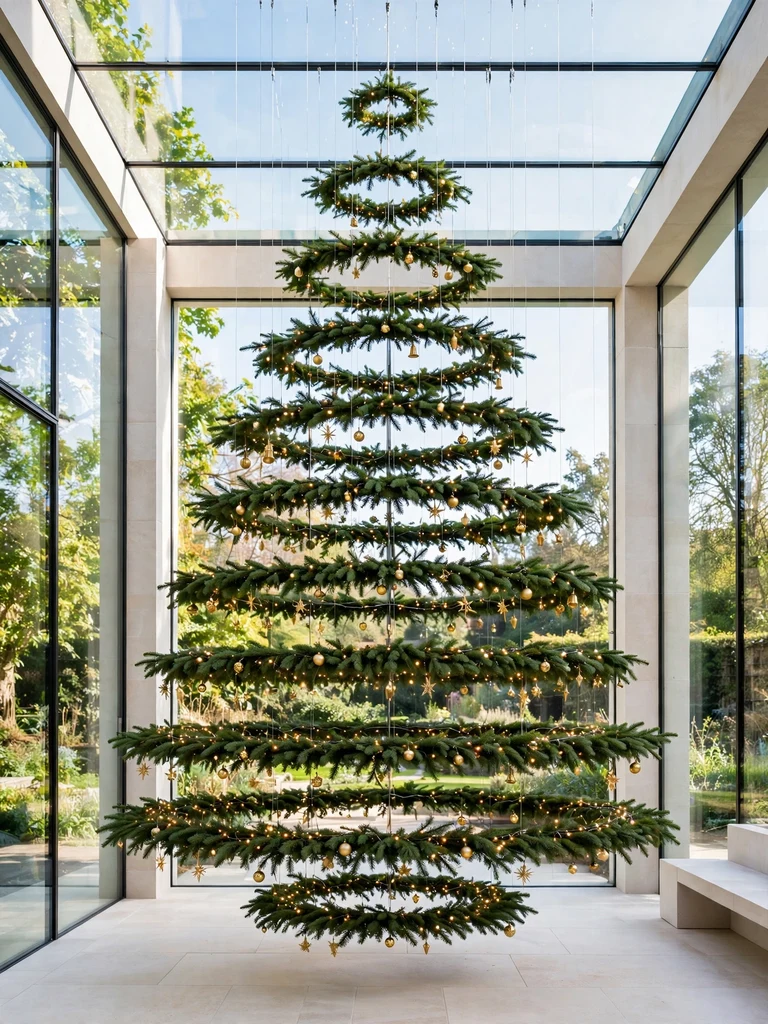 Floating Christmas tree of suspended evergreen branches with gold ornaments in a glass pavilion