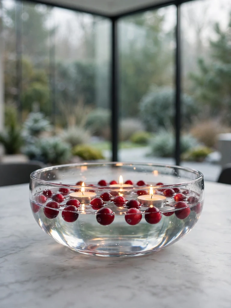 Glass bowl centerpiece with floating cranberries and tea light candles on a marble dining table