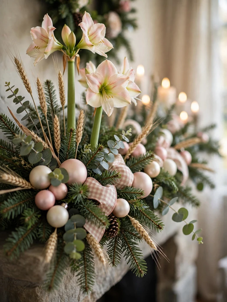 Cream amaryllis and eucalyptus floral picks among blush ornaments on a Christmas tree in an English cottage