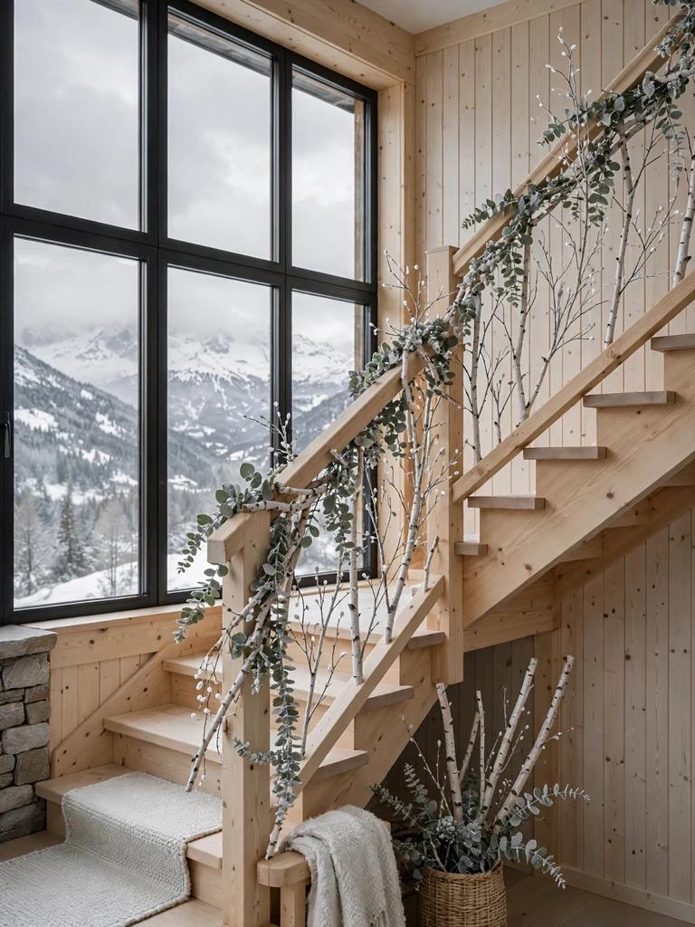 Alpine chalet staircase with frosted birch branches and silver eucalyptus on a pale wood banister