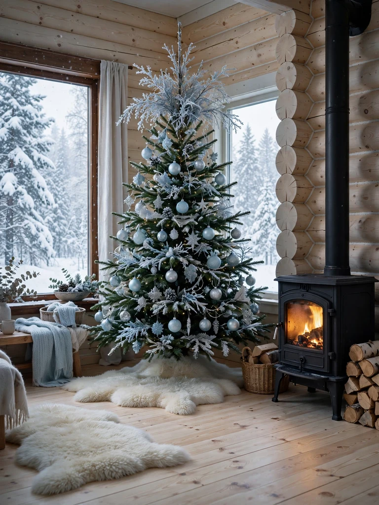 Frosted branch spray tree topper on a spruce tree in a Nordic log cabin