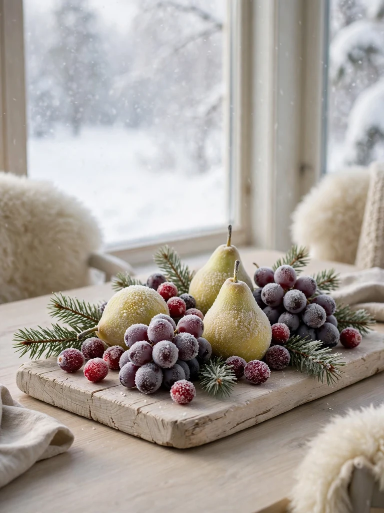 Wooden board of frosted sugared pears, grapes and cranberries with pine sprigs on ash table
