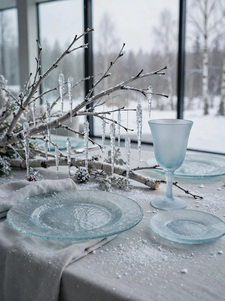 Frosted sea-glass Christmas dinnerware with ice-blue goblets and a crystal icicle centerpiece in a glass pavilion