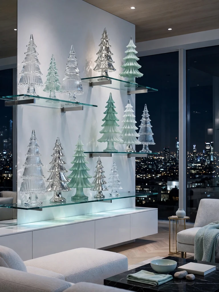 Frosted ribbed and mercury glass trees in icy tones on floating ledges of a penthouse at night