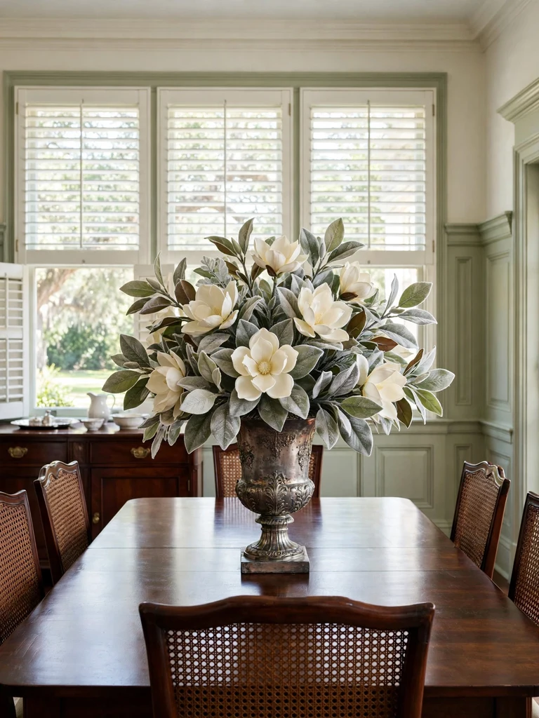 Frosted magnolia leaves and blooms in an antique silver urn on a mahogany dining table