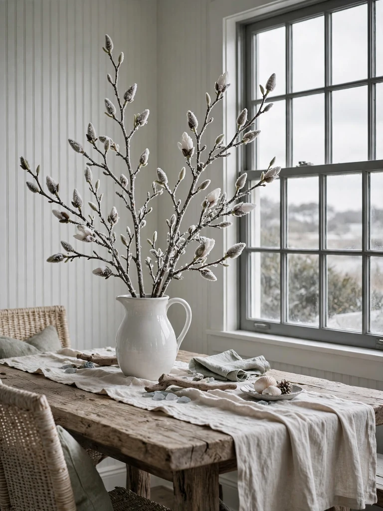 White ceramic pitcher with frosted magnolia branches on driftwood table in coastal cottage
