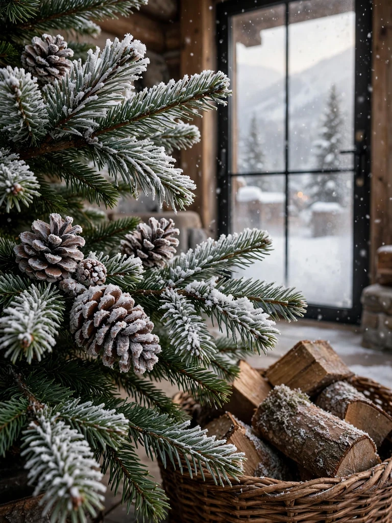 Frosted pinecone sprays dusted with snow tucked into a fresh spruce Christmas tree in a mountain lodge